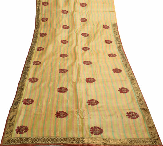 Sushila Vintage 100% Pure Silk Multi-Color Saree Floral Embroidered Sari Fabric