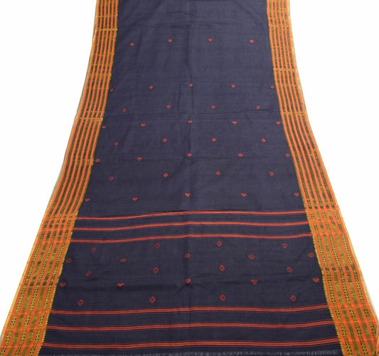 Sushila Vintage Elegant Blue Cotton Saree with Zari Border Orange Butta Fabric