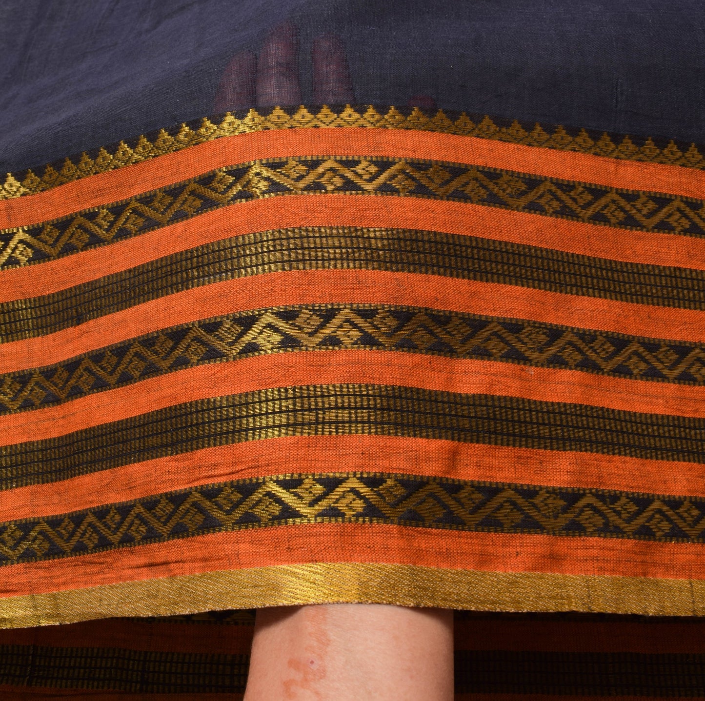 Sushila Vintage Elegant Blue Cotton Saree with Zari Border Orange Butta Fabric