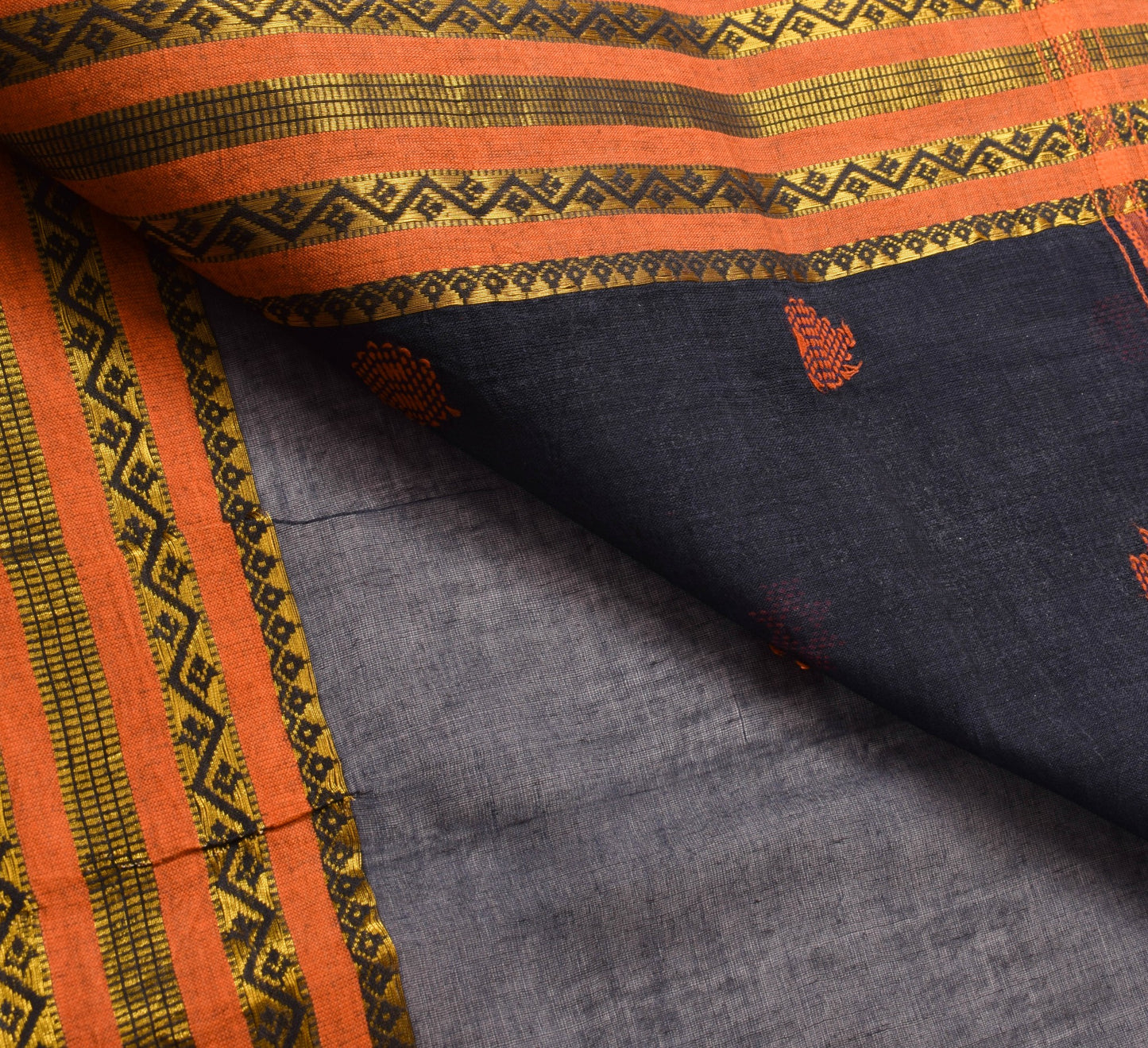 Sushila Vintage Elegant Blue Cotton Saree with Zari Border Orange Butta Fabric