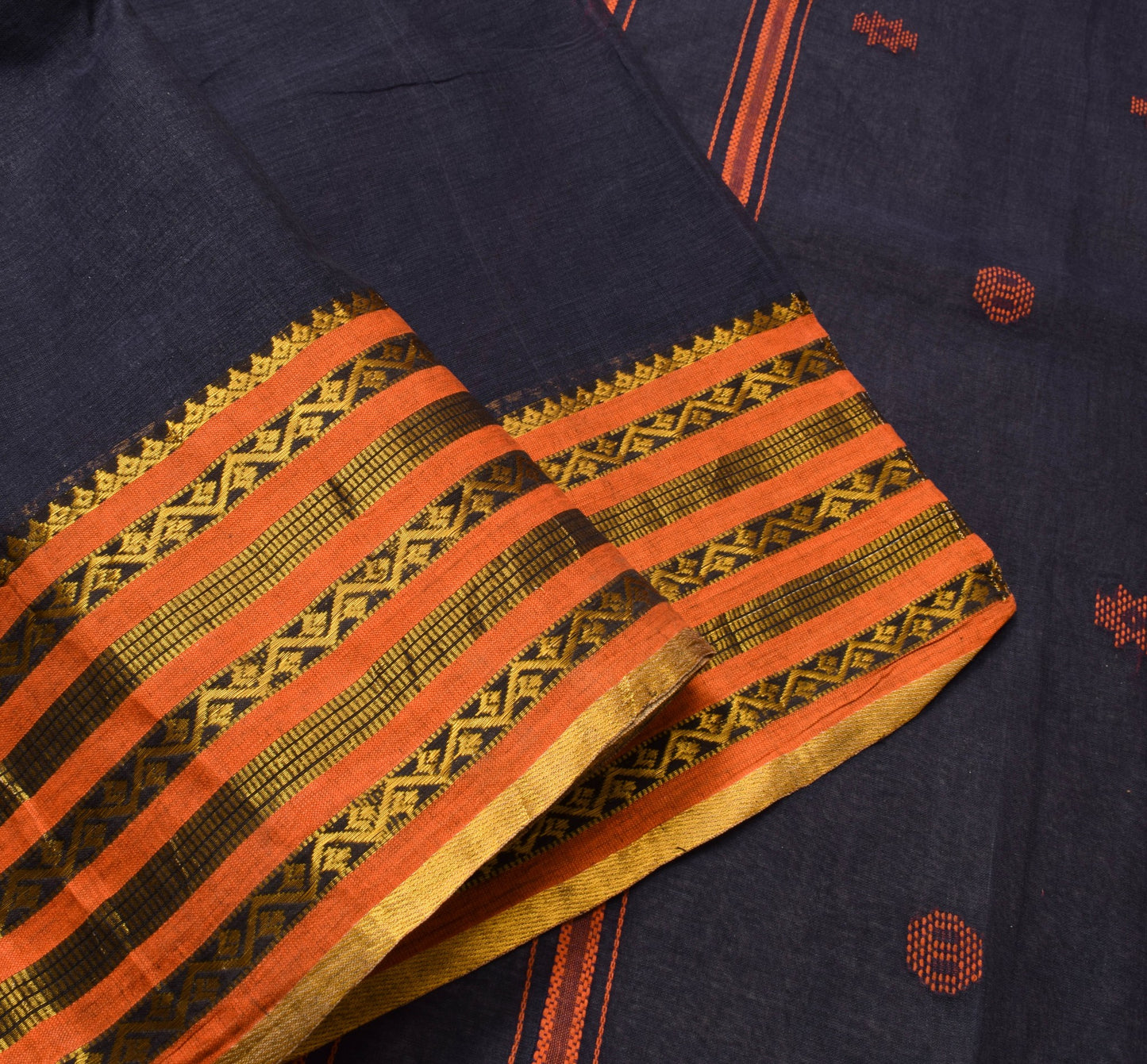 Sushila Vintage Elegant Blue Cotton Saree with Zari Border Orange Butta Fabric