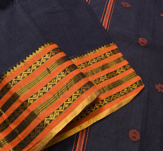 Sushila Vintage Elegant Blue Cotton Saree with Zari Border Orange Butta Fabric