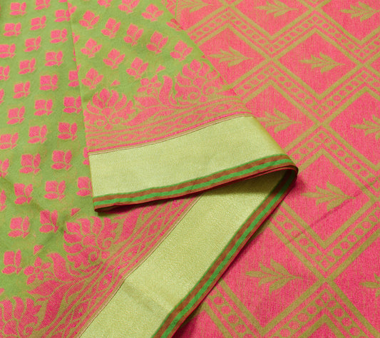 Sushila Vintage Green Silk Saree with Contrast Color Floral Woven Sari Fabric