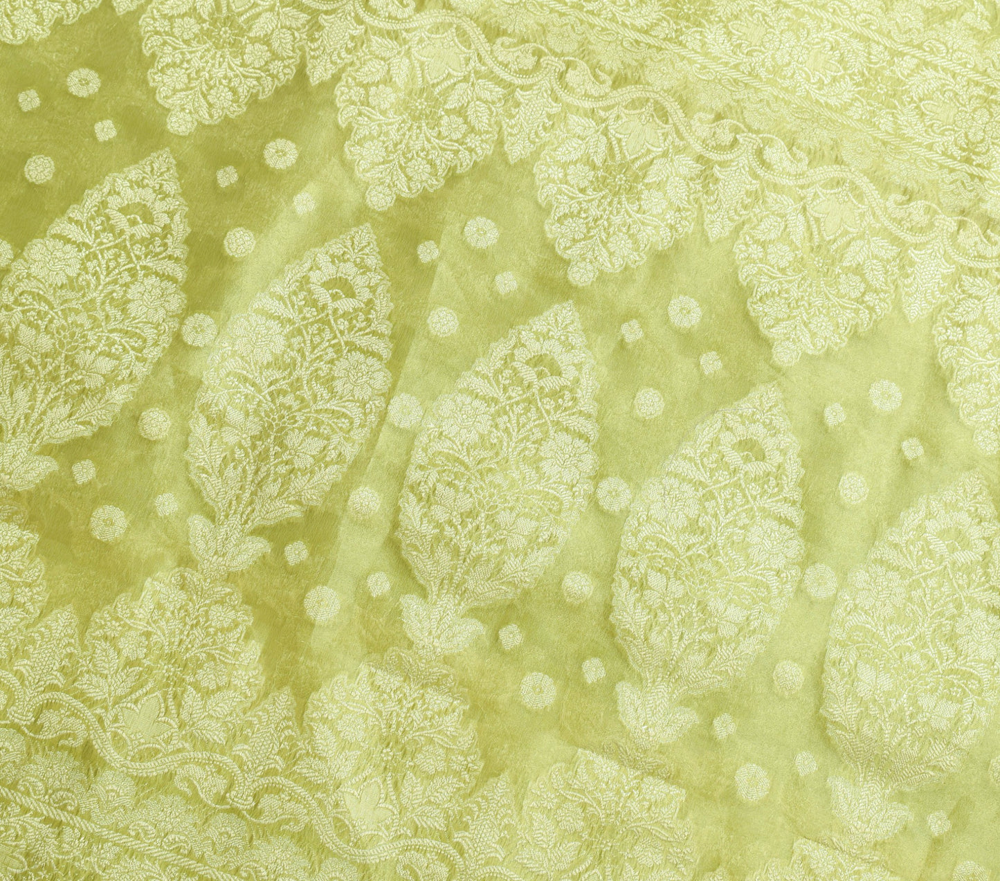 Sushila Vintage Green Tissue Wedding Saree Zari Brocade Floral Sari Dress Fabric