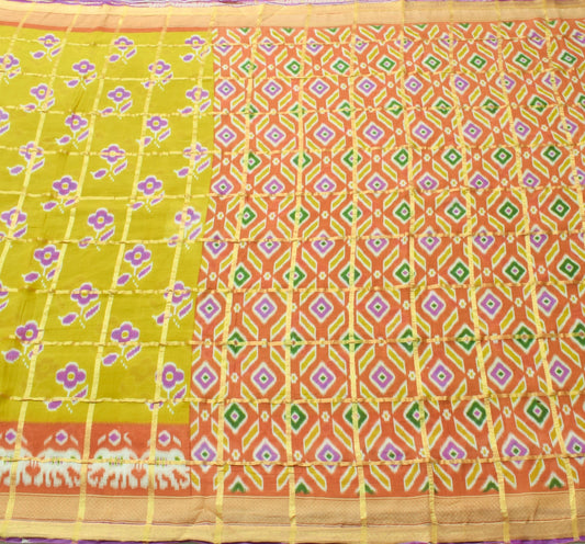 Sushila Vintage Elephant Floral Ikat Design Green Pure Cotton Saree Craft Fabric