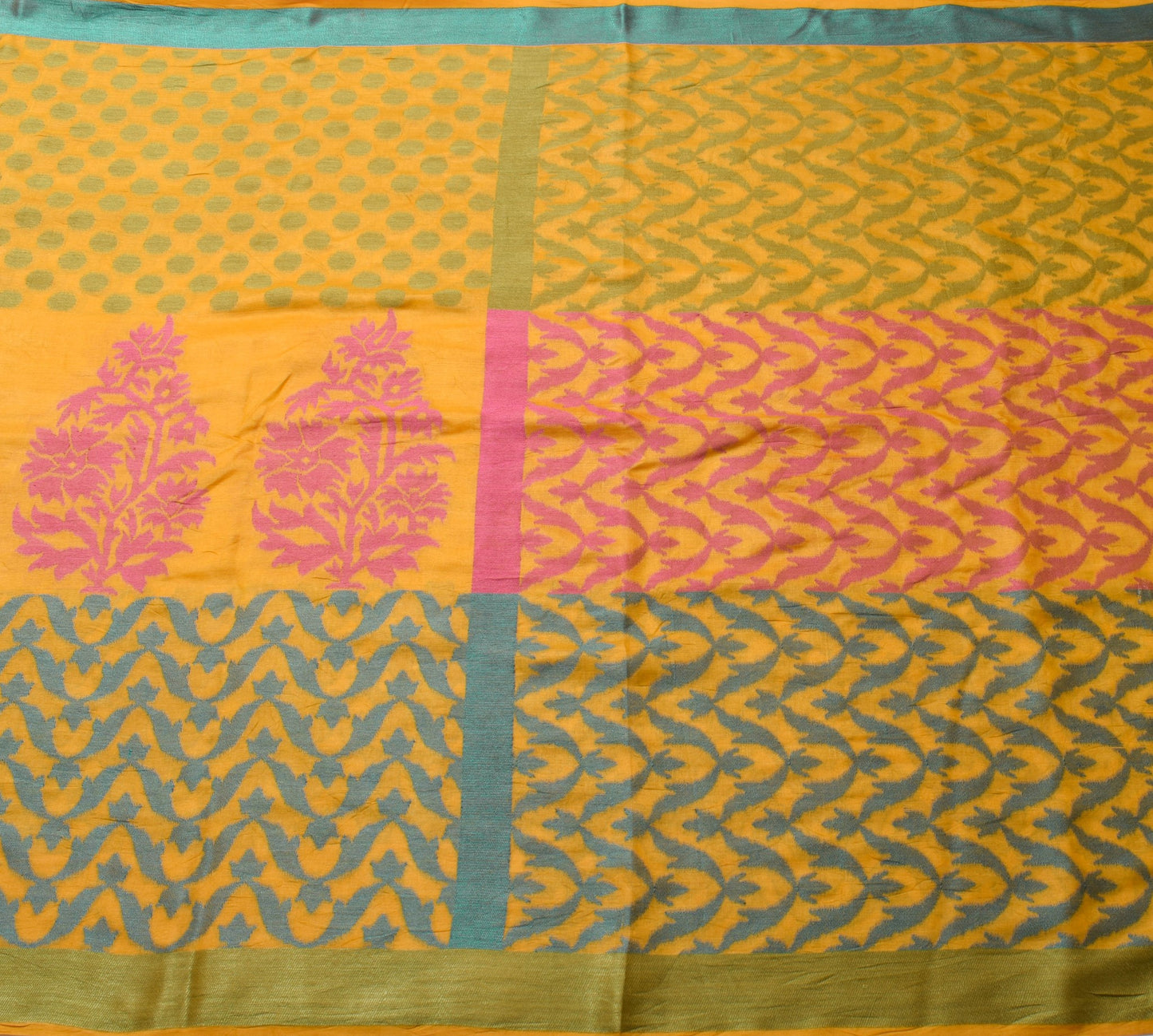 Sushila Vintage Mustard Woven Saree 100% pure Silk Floral Soft Sari Craft Fabric