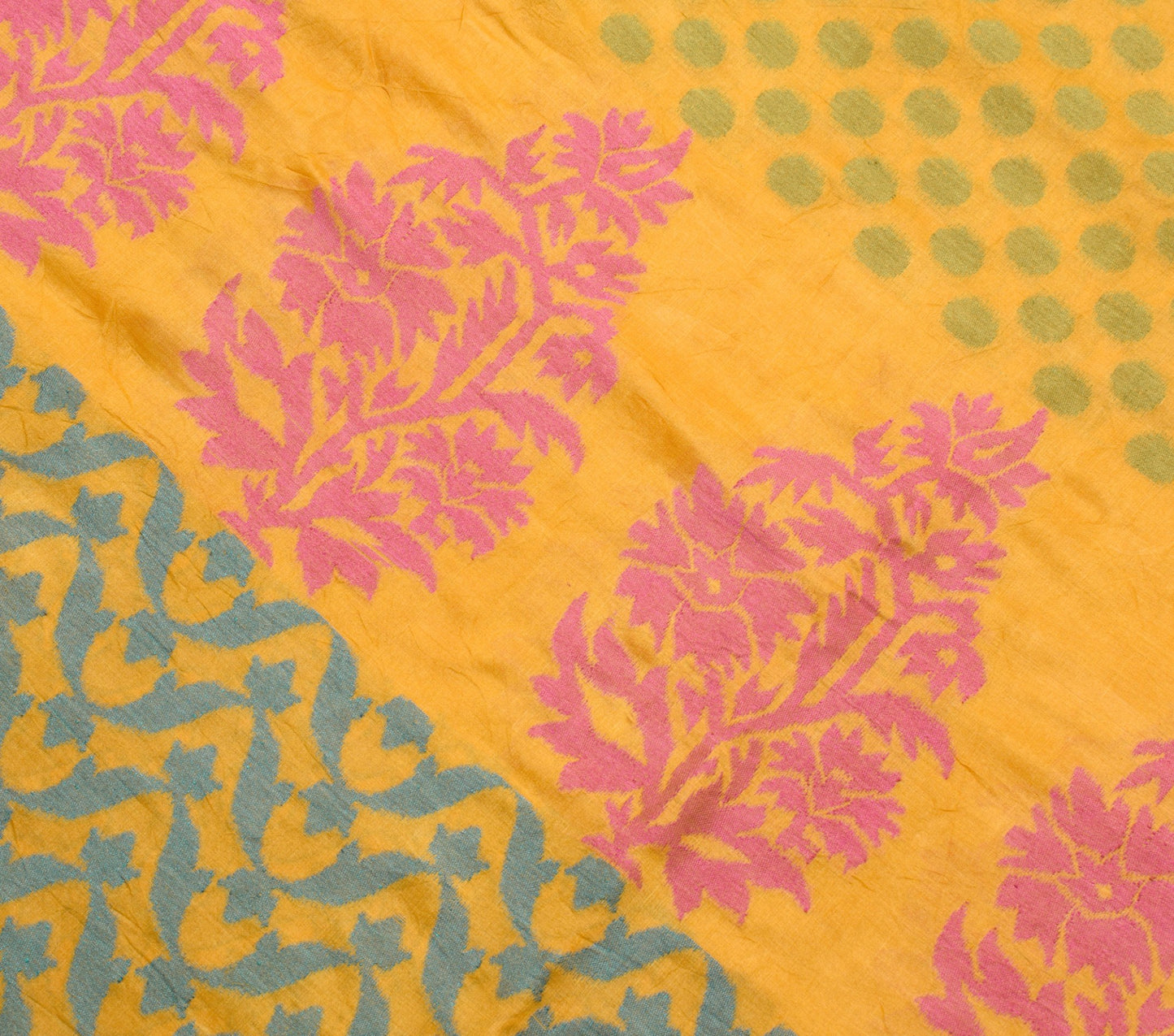 Sushila Vintage Mustard Woven Saree 100% pure Silk Floral Soft Sari Craft Fabric