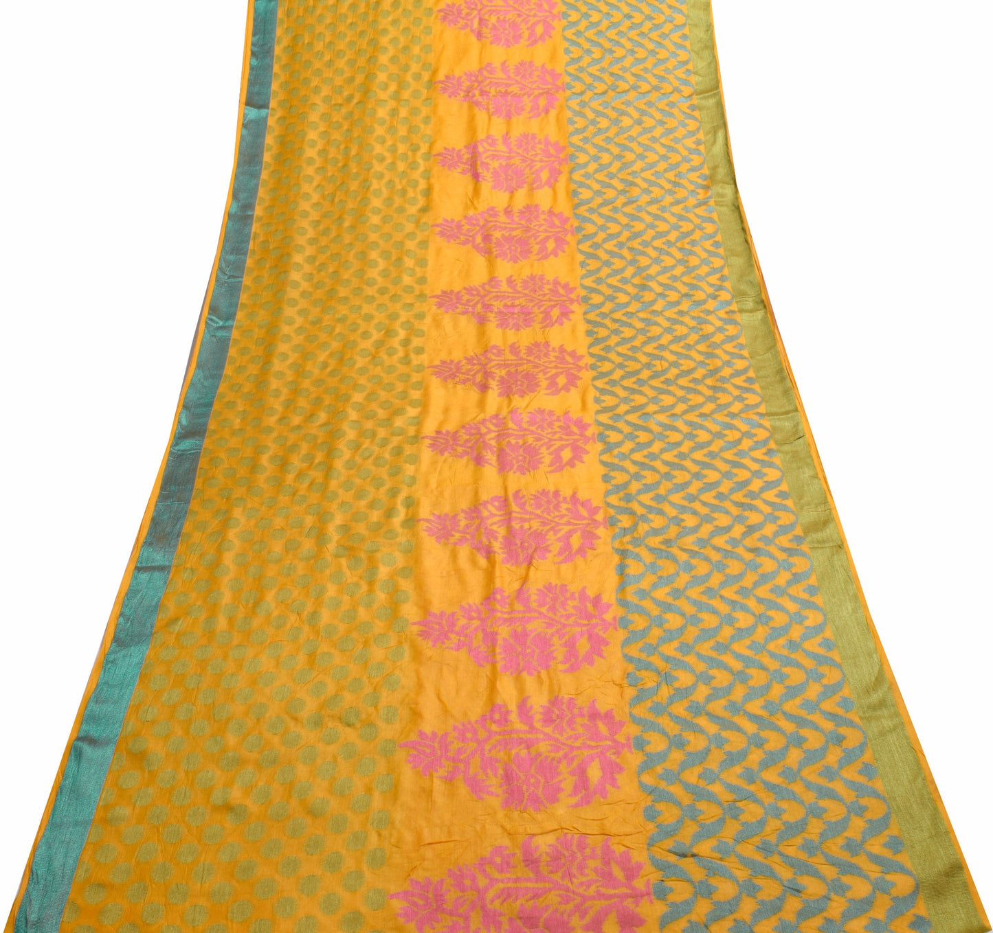 Sushila Vintage Mustard Woven Saree 100% pure Silk Floral Soft Sari Craft Fabric