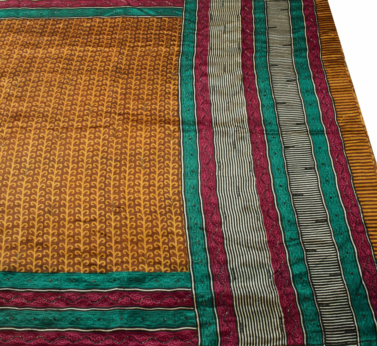 Sushila Vintage Brown Hand Block Printed Saree 100% Pure Silk Soft Sari Fabric