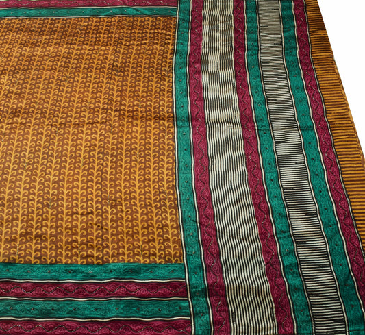 Sushila Vintage Brown Hand Block Printed Saree 100% Pure Silk Soft Sari Fabric