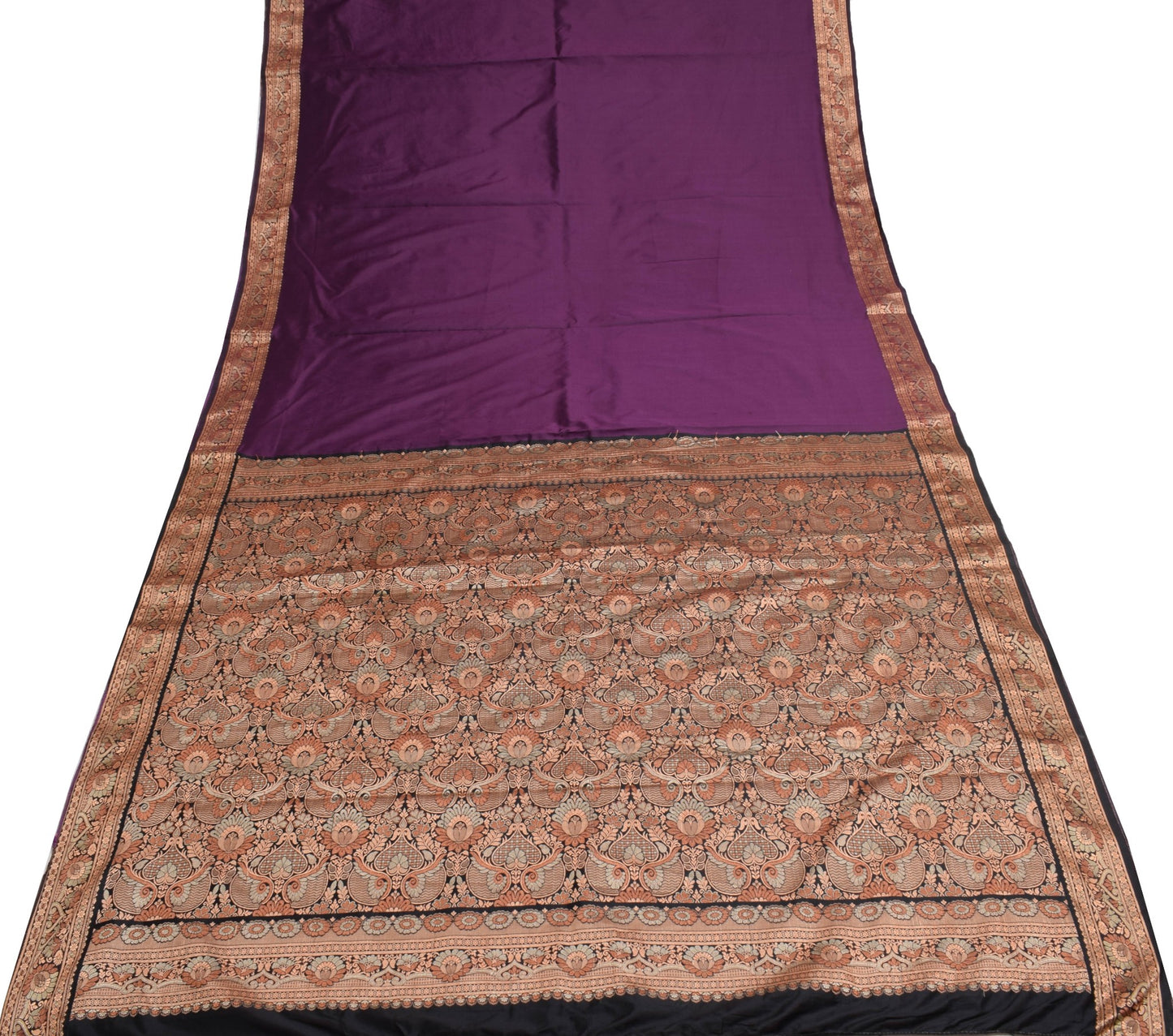 Sushila Vintage Purple Silk Saree Resham Woven Border Floral Soft Sari Fabric