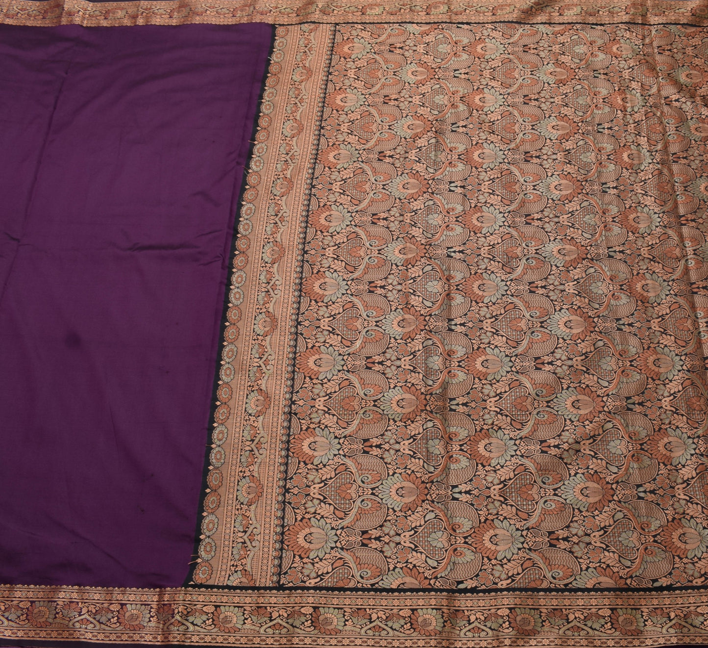 Sushila Vintage Purple Silk Saree Resham Woven Border Floral Soft Sari Fabric