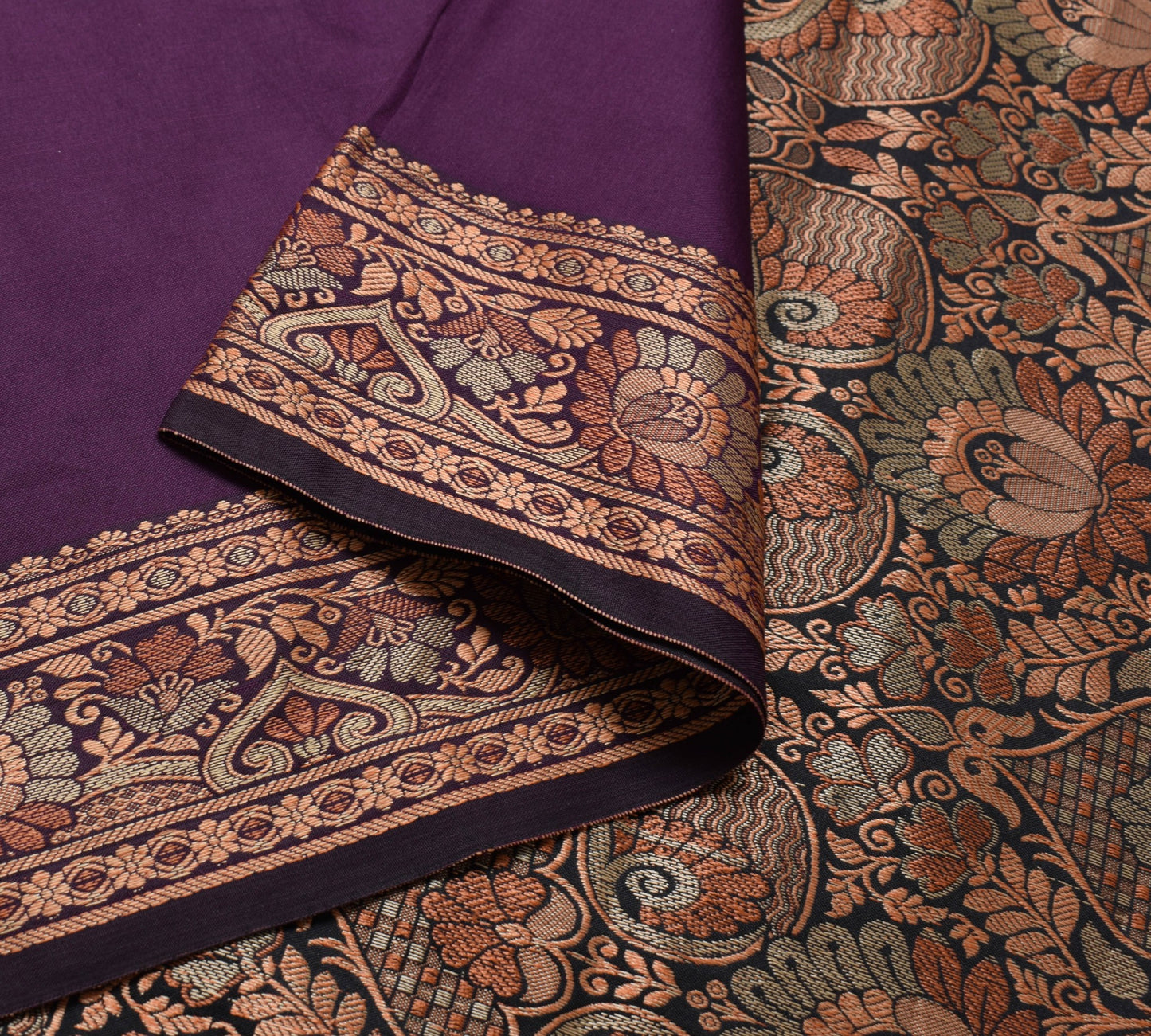 Sushila Vintage Purple Silk Saree Resham Woven Border Floral Soft Sari Fabric