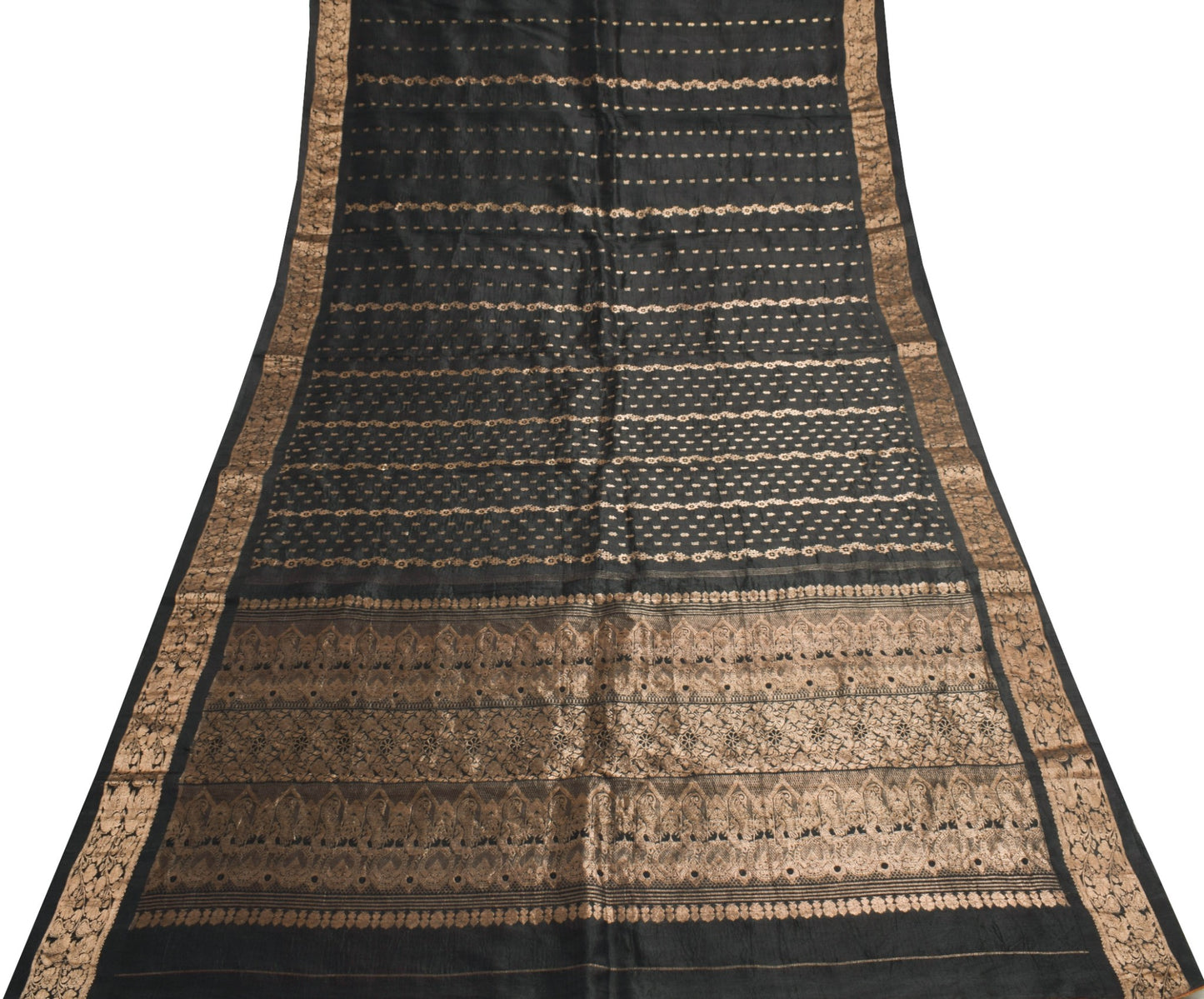 Sushila Vintage Black 100% Pure Silk Saree Zari Woven Kanjivaram Sari Fabric