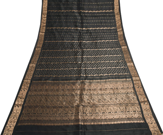 Sushila Vintage Black 100% Pure Silk Saree Zari Woven Kanjivaram Sari Fabric