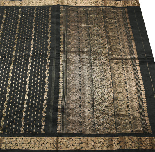 Sushila Vintage Black 100% Pure Silk Saree Zari Woven Kanjivaram Sari Fabric