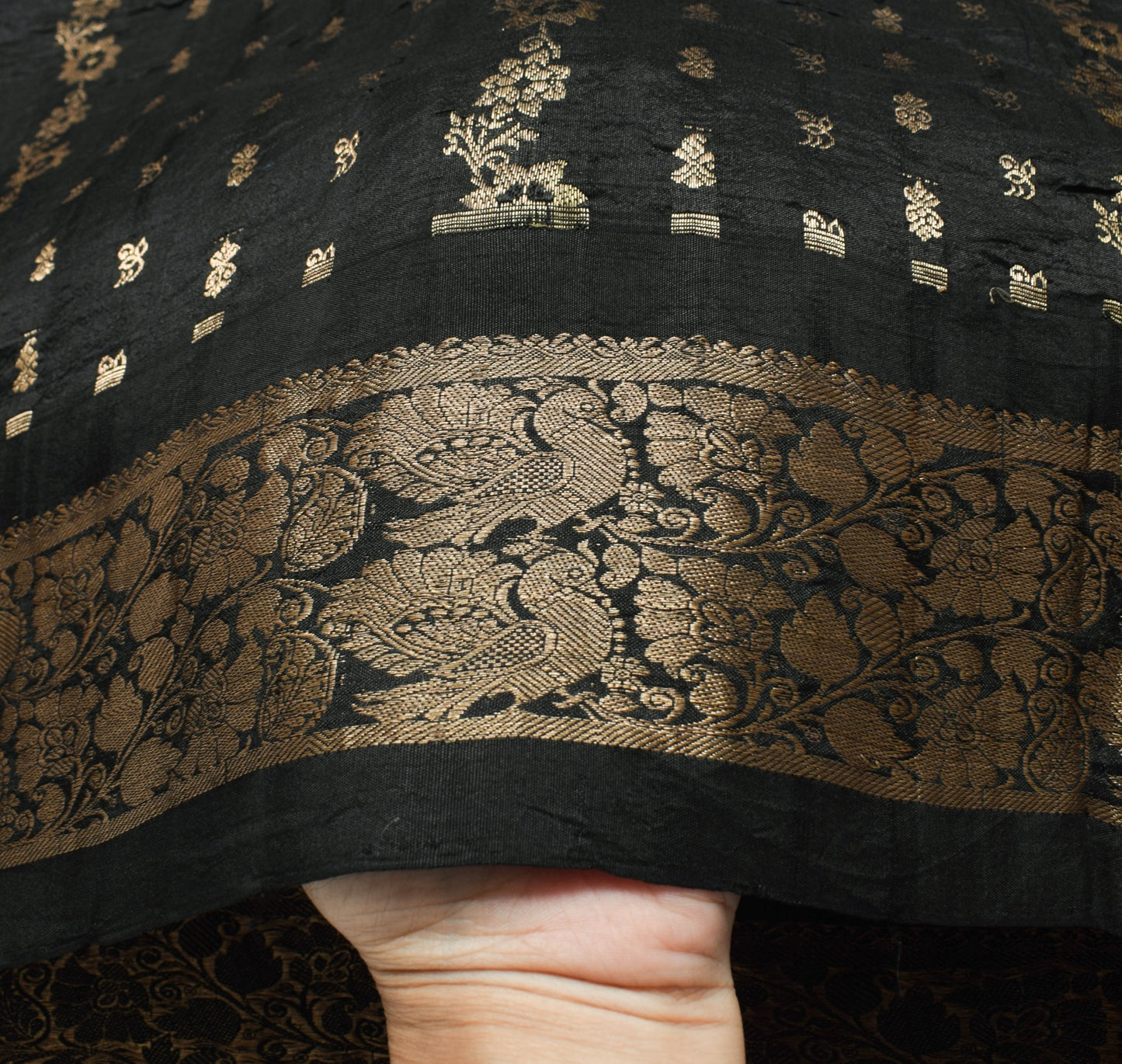 Sushila Vintage Black 100% Pure Silk Saree Zari Woven Kanjivaram Sari Fabric