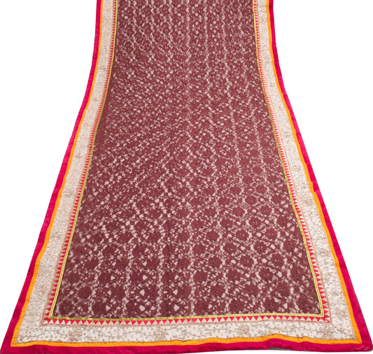 Sushila Vintage Brown Net Mesh Saree Patch Work Border Floral Sari Craft Fabric