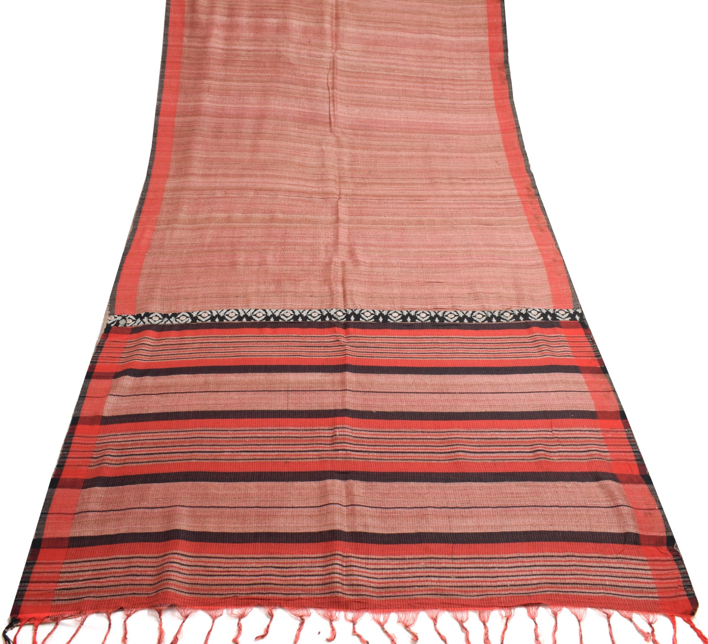 Sushila Vintage 100% Pure Khadi Saree	Beautiful Peach and Red Border Sari Fabric