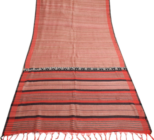 Sushila Vintage 100% Pure Khadi Saree	Beautiful Peach and Red Border Sari Fabric