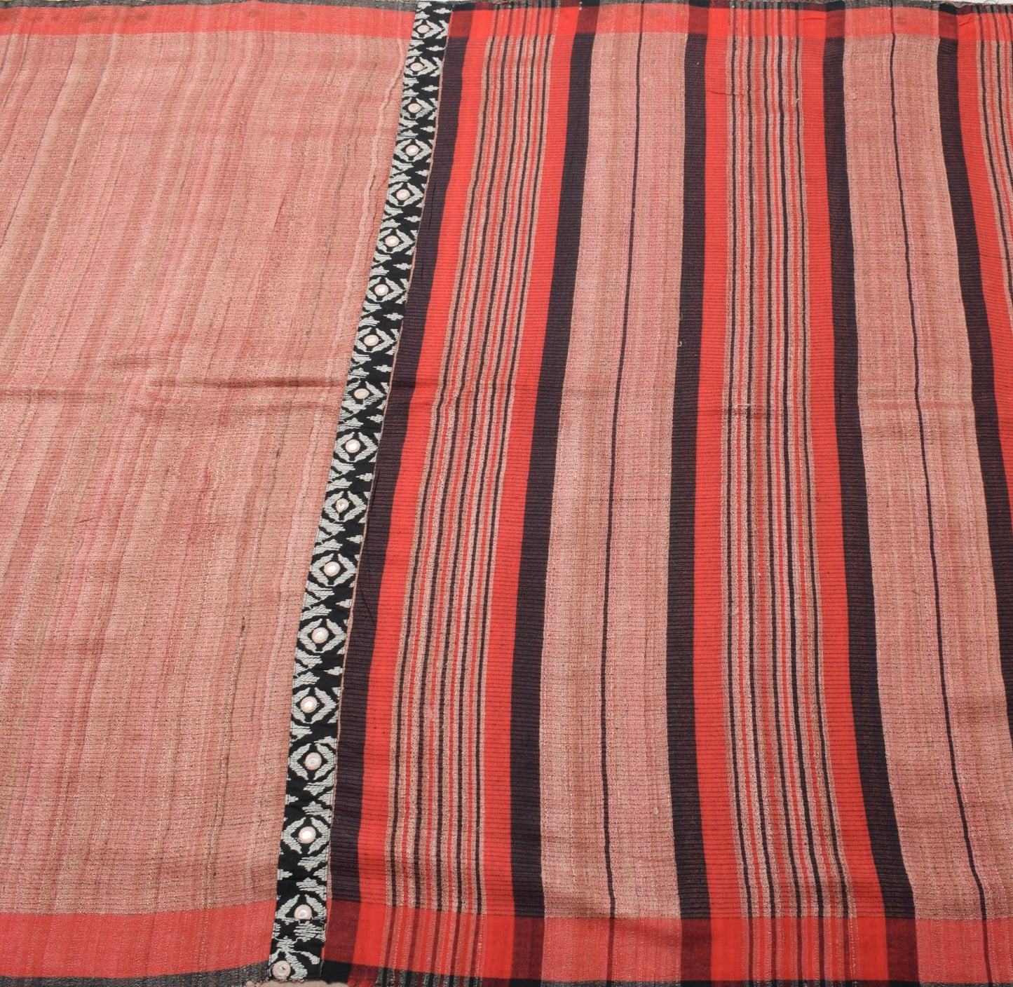 Sushila Vintage 100% Pure Khadi Saree	Beautiful Peach and Red Border Sari Fabric