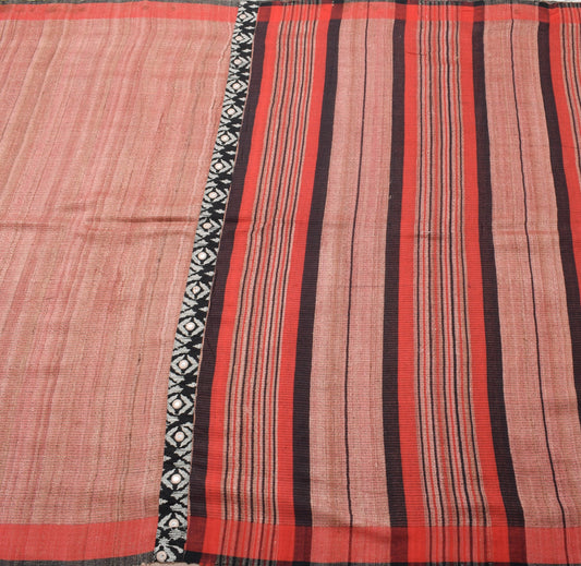 Sushila Vintage 100% Pure Khadi Saree	Beautiful Peach and Red Border Sari Fabric