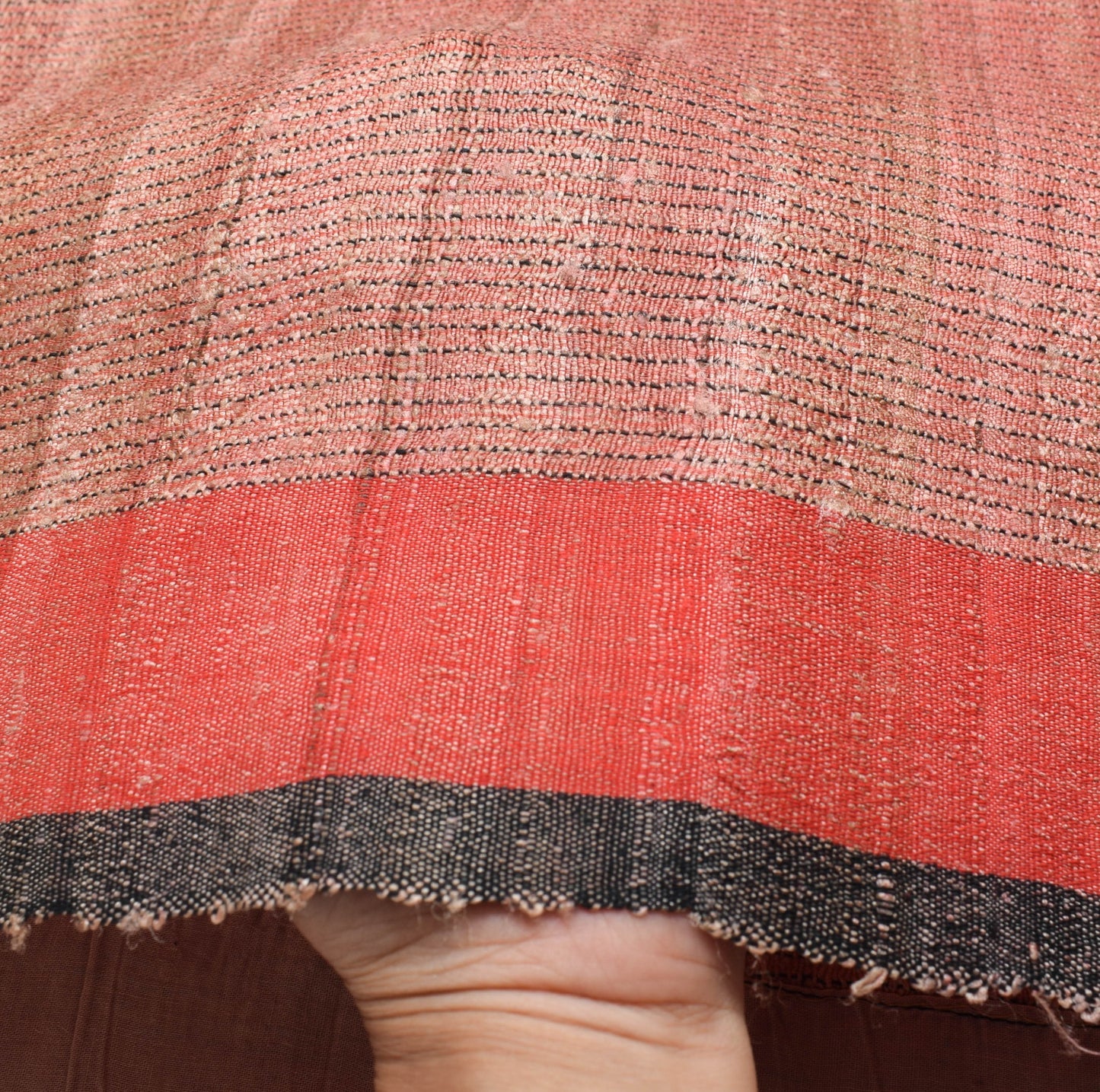 Sushila Vintage 100% Pure Khadi Saree	Beautiful Peach and Red Border Sari Fabric