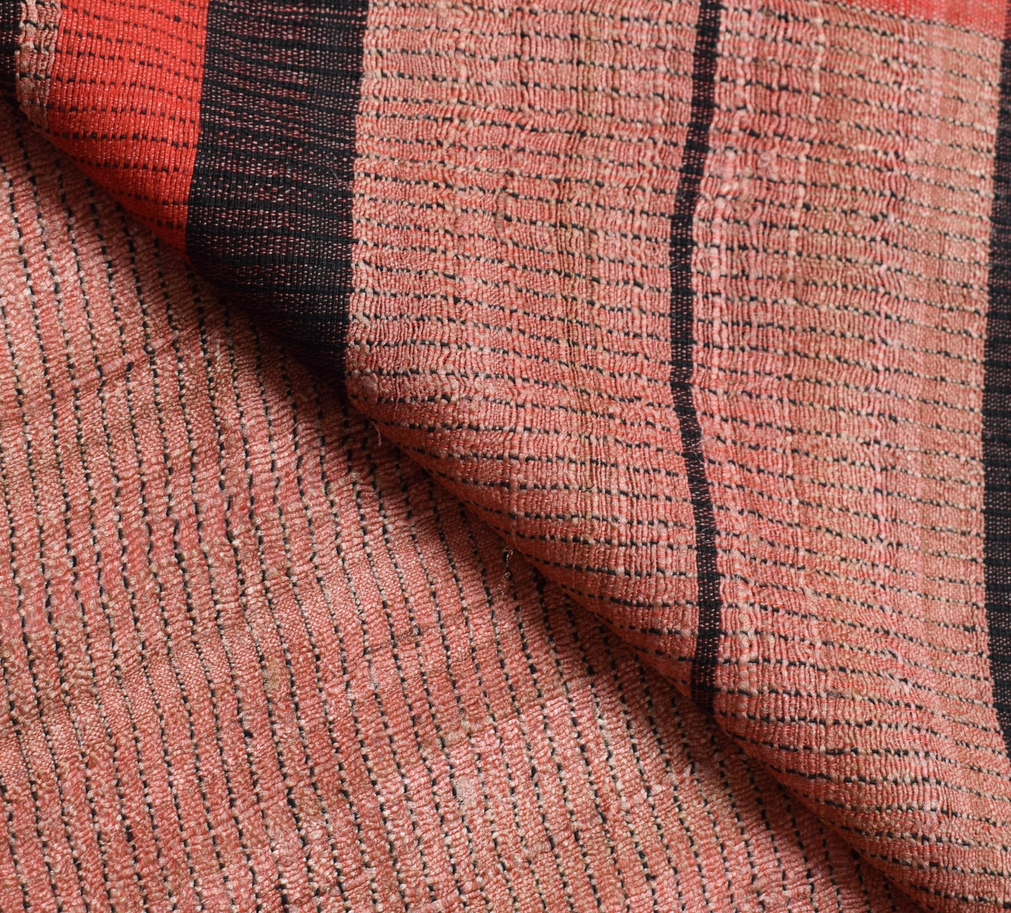 Sushila Vintage 100% Pure Khadi Saree	Beautiful Peach and Red Border Sari Fabric