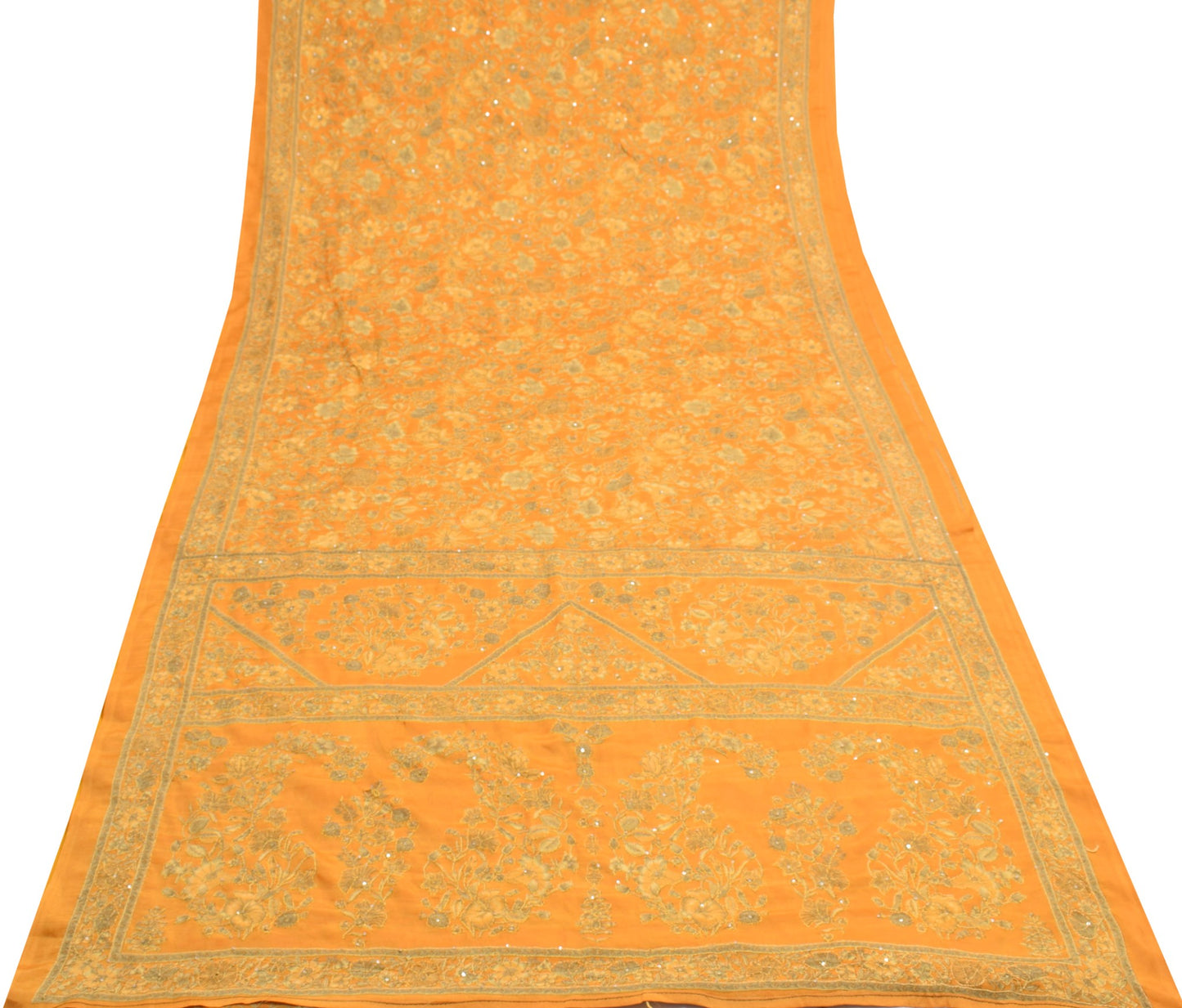 Sushila Vintage Orange Art Silk Saree Hand Embroidere Kantha Sequins Sari Fabric
