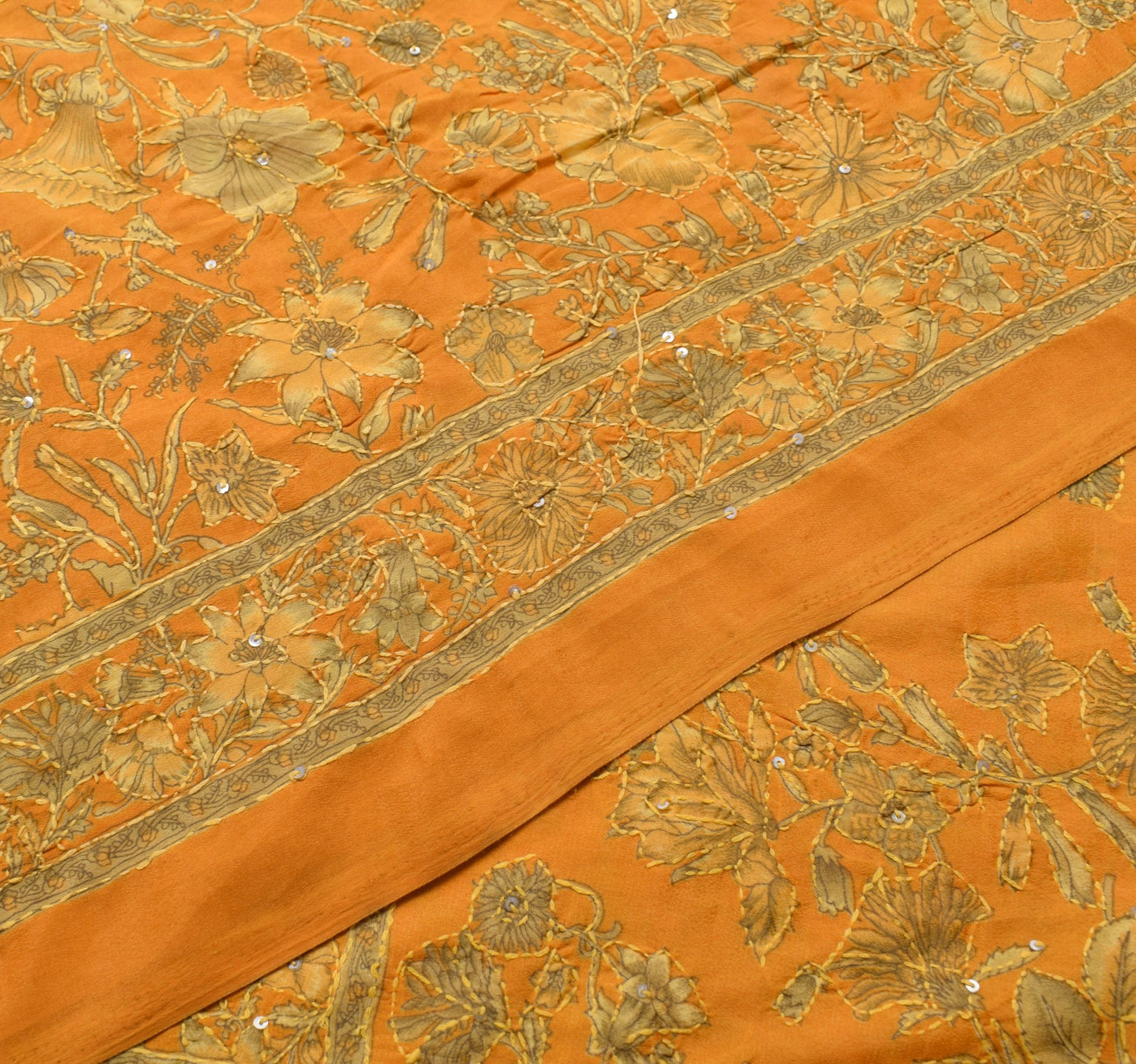 Sushila Vintage Orange Art Silk Saree Hand Embroidere Kantha Sequins Sari Fabric