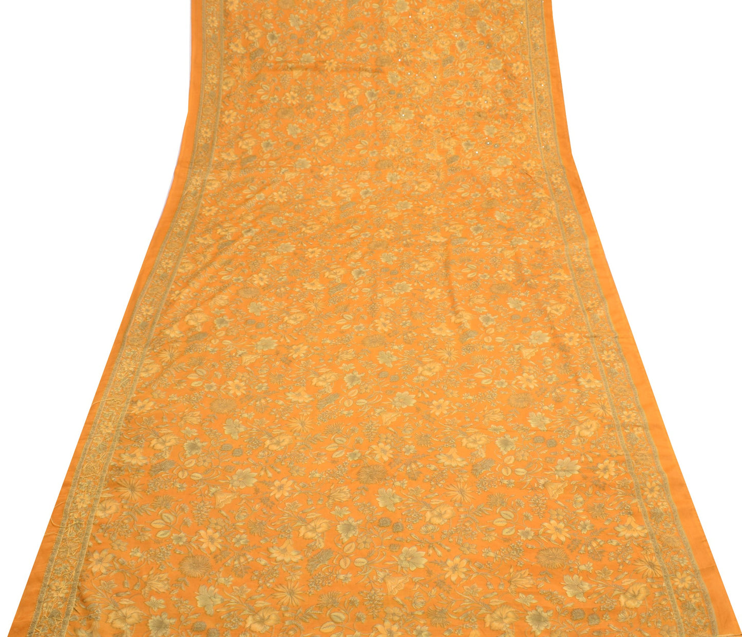 Sushila Vintage Orange Art Silk Saree Hand Embroidere Kantha Sequins Sari Fabric