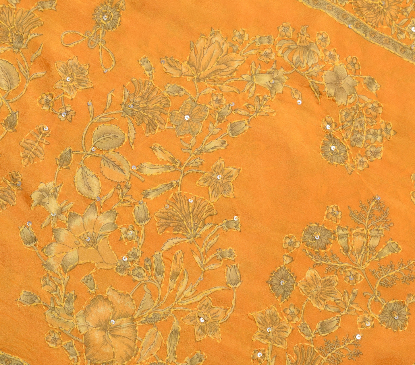 Sushila Vintage Orange Art Silk Saree Hand Embroidere Kantha Sequins Sari Fabric