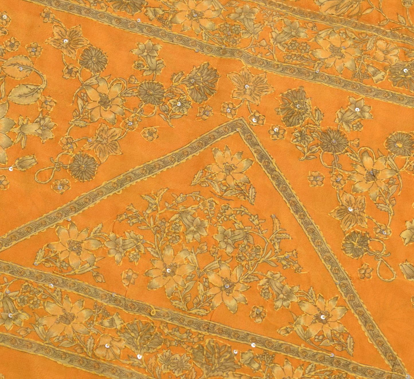 Sushila Vintage Orange Art Silk Saree Hand Embroidere Kantha Sequins Sari Fabric
