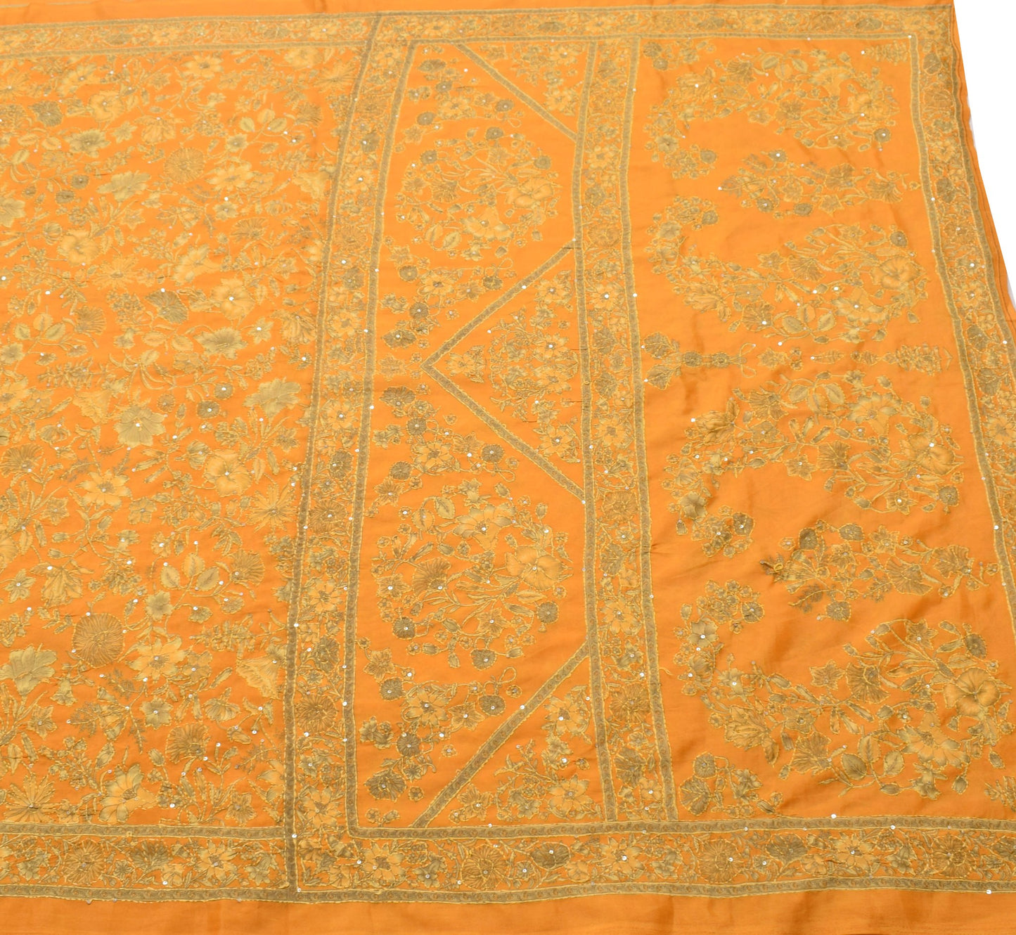 Sushila Vintage Orange Art Silk Saree Hand Embroidere Kantha Sequins Sari Fabric