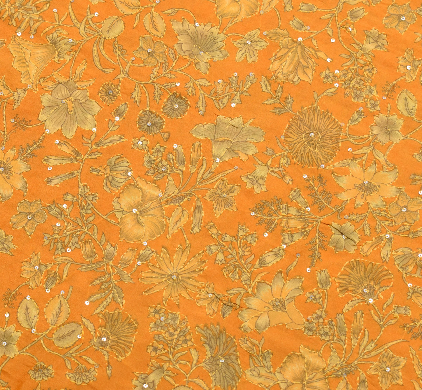 Sushila Vintage Orange Art Silk Saree Hand Embroidere Kantha Sequins Sari Fabric