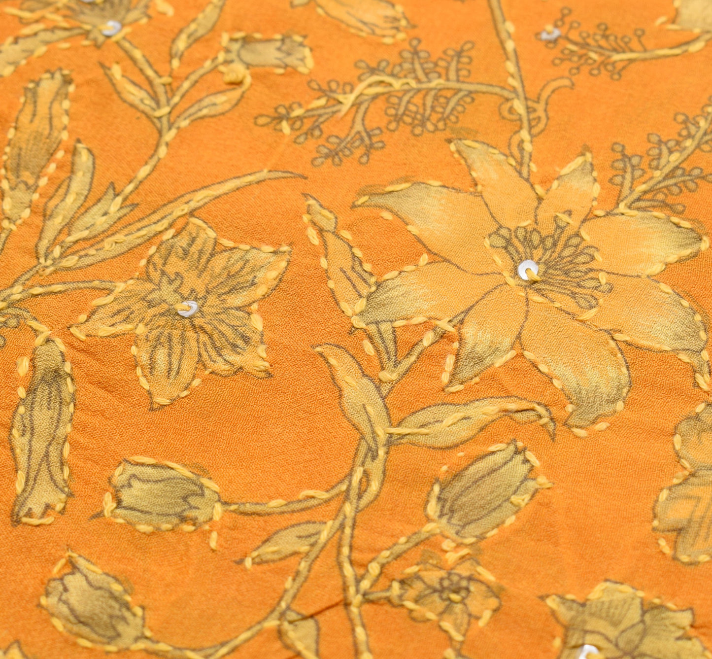 Sushila Vintage Orange Art Silk Saree Hand Embroidere Kantha Sequins Sari Fabric