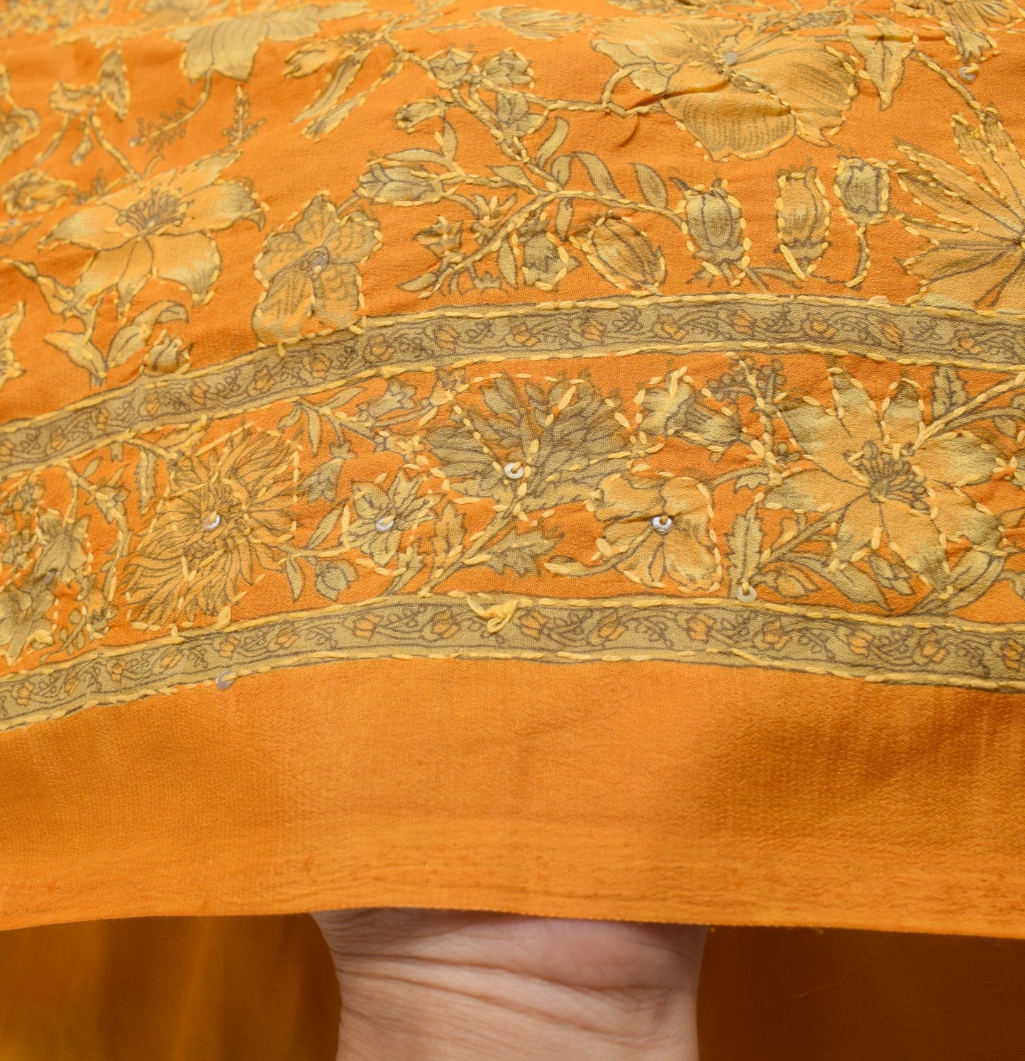 Sushila Vintage Orange Art Silk Saree Hand Embroidere Kantha Sequins Sari Fabric