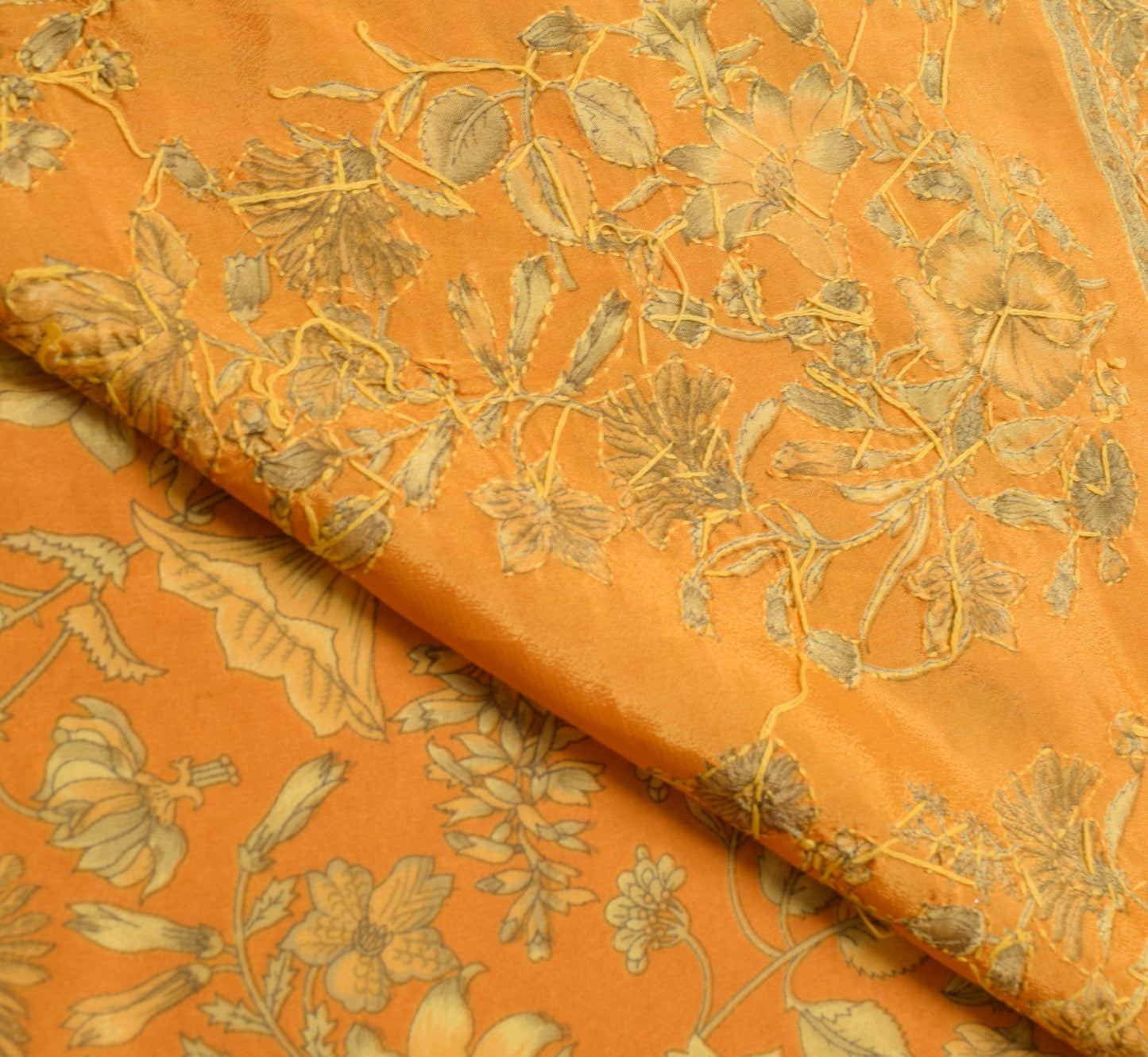 Sushila Vintage Orange Art Silk Saree Hand Embroidere Kantha Sequins Sari Fabric