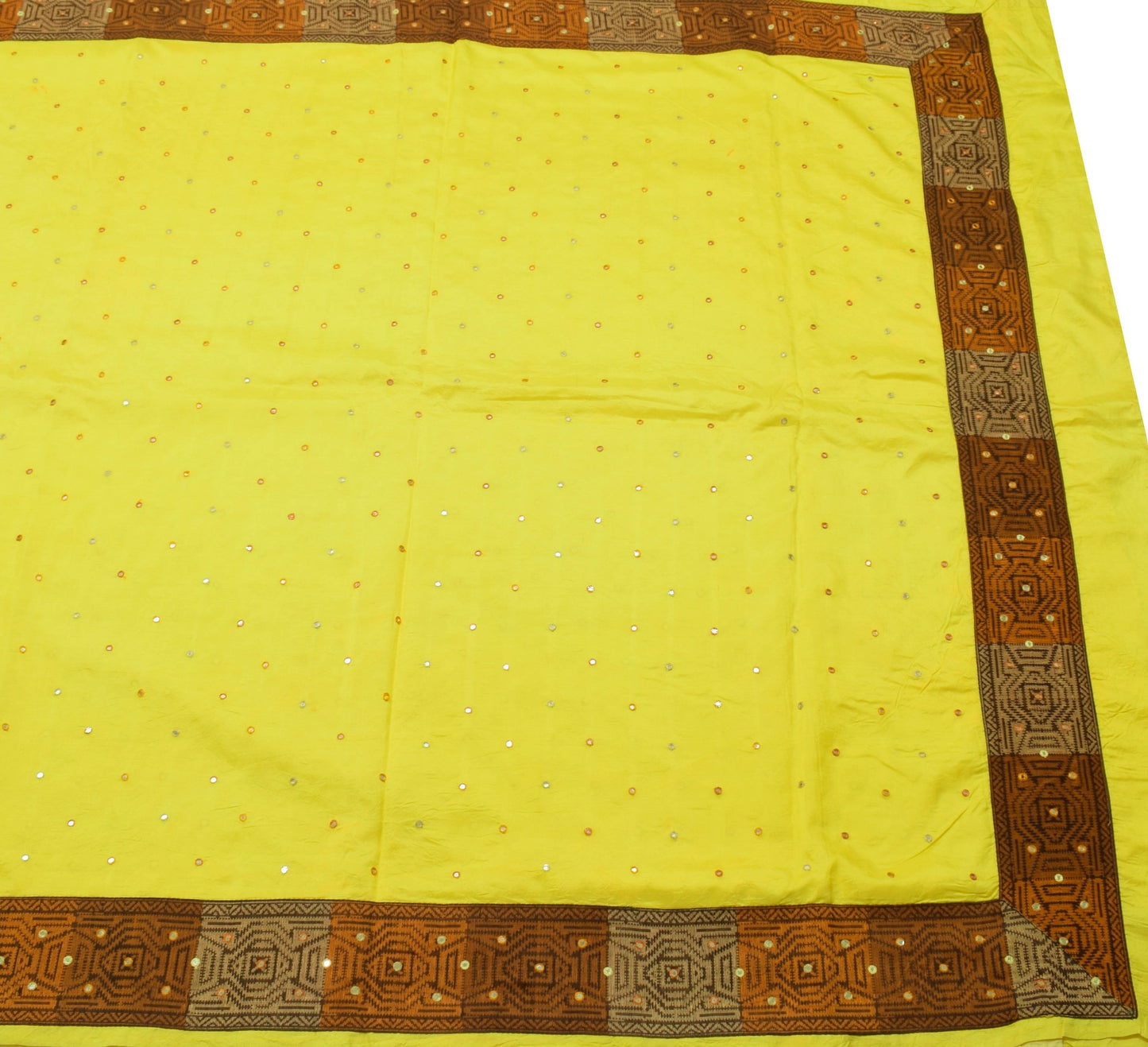 Sushila Vintage Yellow Saree Pure Silk Patch With Mirror Work Soft Sari Fabric