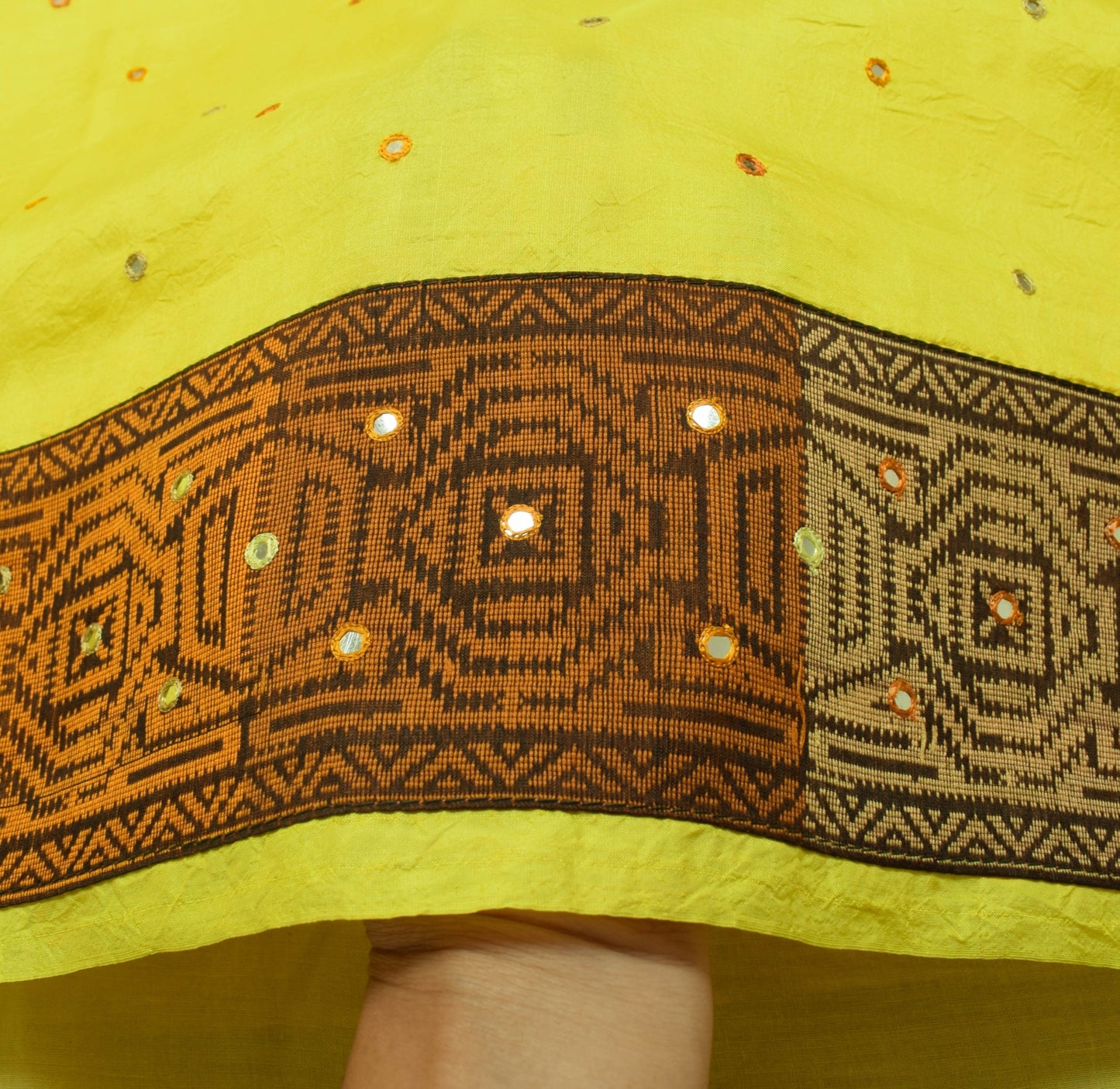 Sushila Vintage Yellow Saree Pure Silk Patch With Mirror Work Soft Sari Fabric