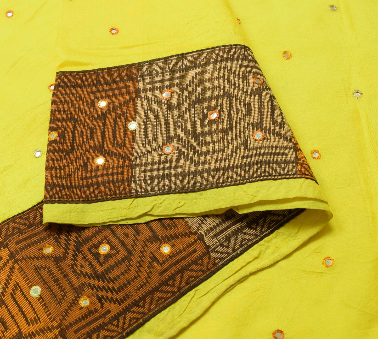Sushila Vintage Yellow Saree Pure Silk Patch With Mirror Work Soft Sari Fabric