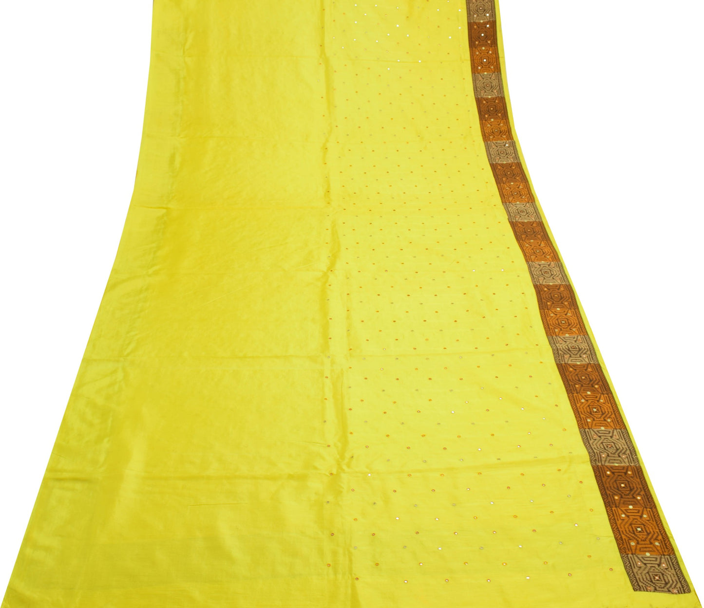 Sushila Vintage Yellow Saree Pure Silk Patch With Mirror Work Soft Sari Fabric