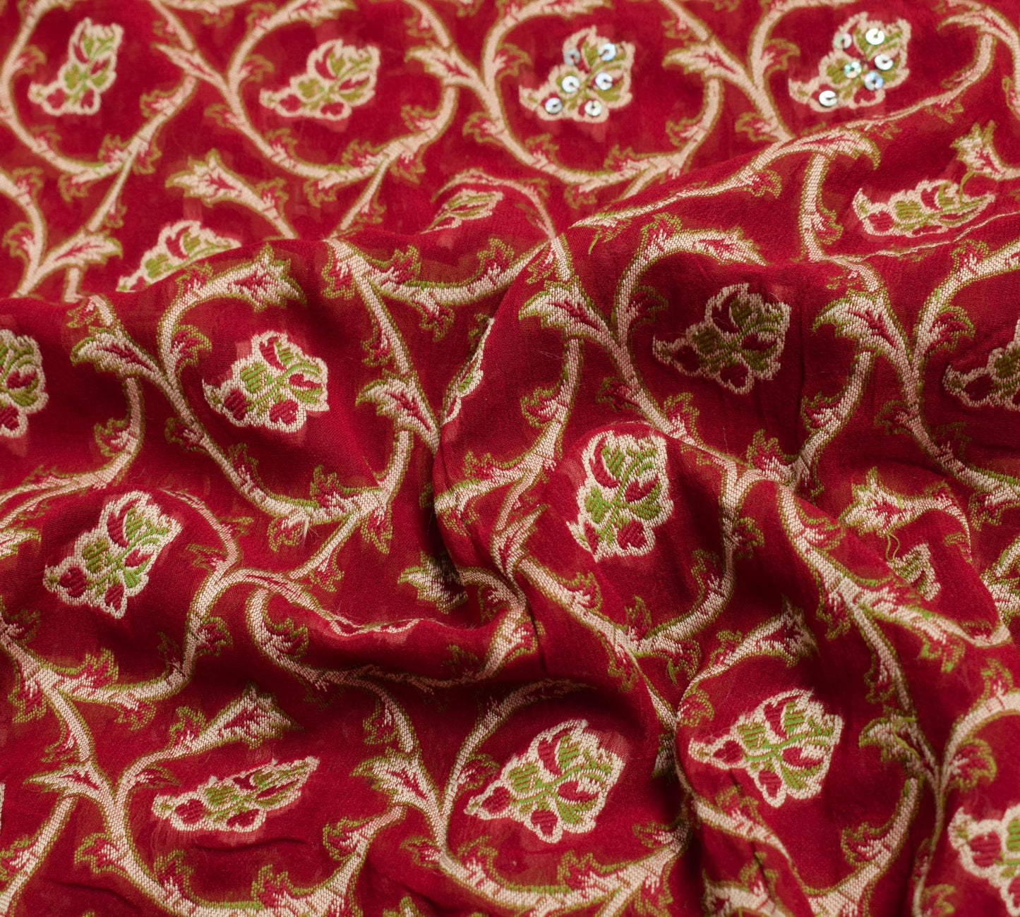 Sushila Vintage Red Heavy Saree 100% Pure Georgette Silk Sequins Sari Fabric