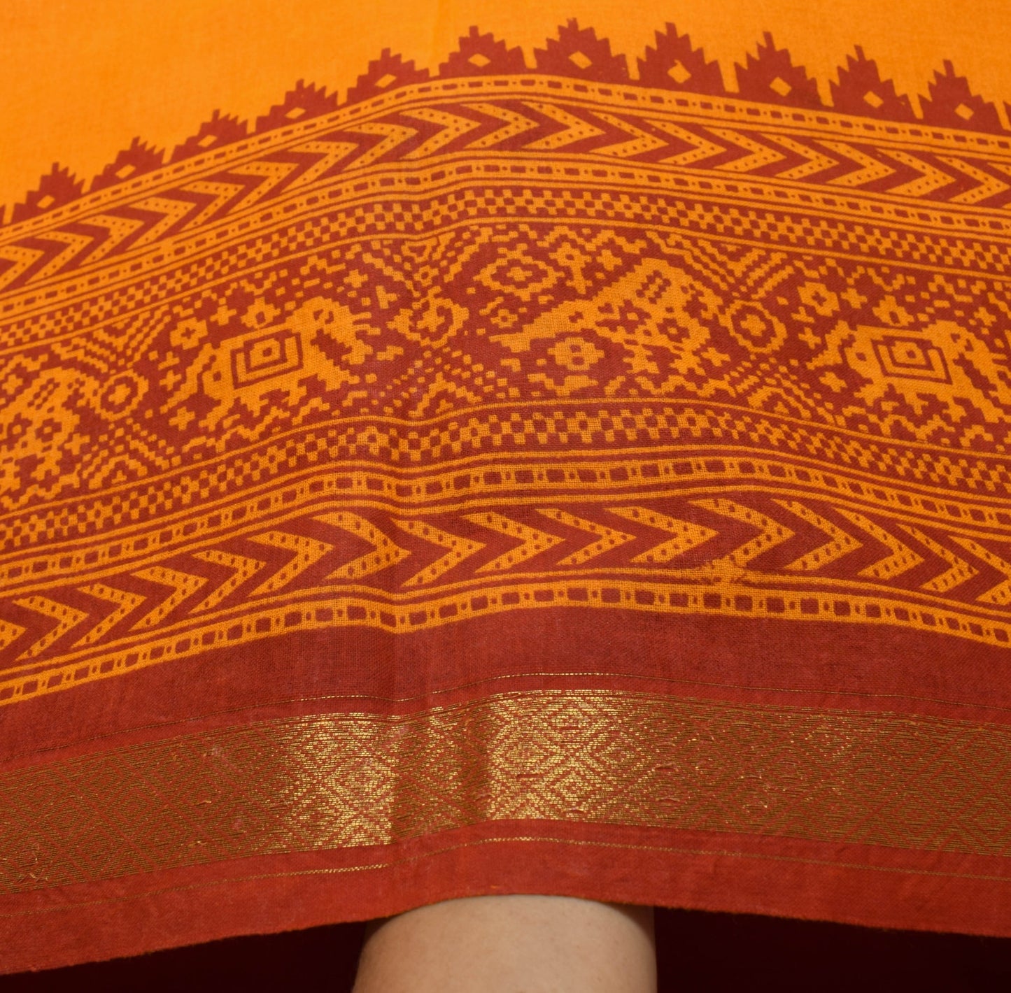 Sushila Vintage Bright Orange Saree 100% Pure Cotton Patola Print Sari Fabric