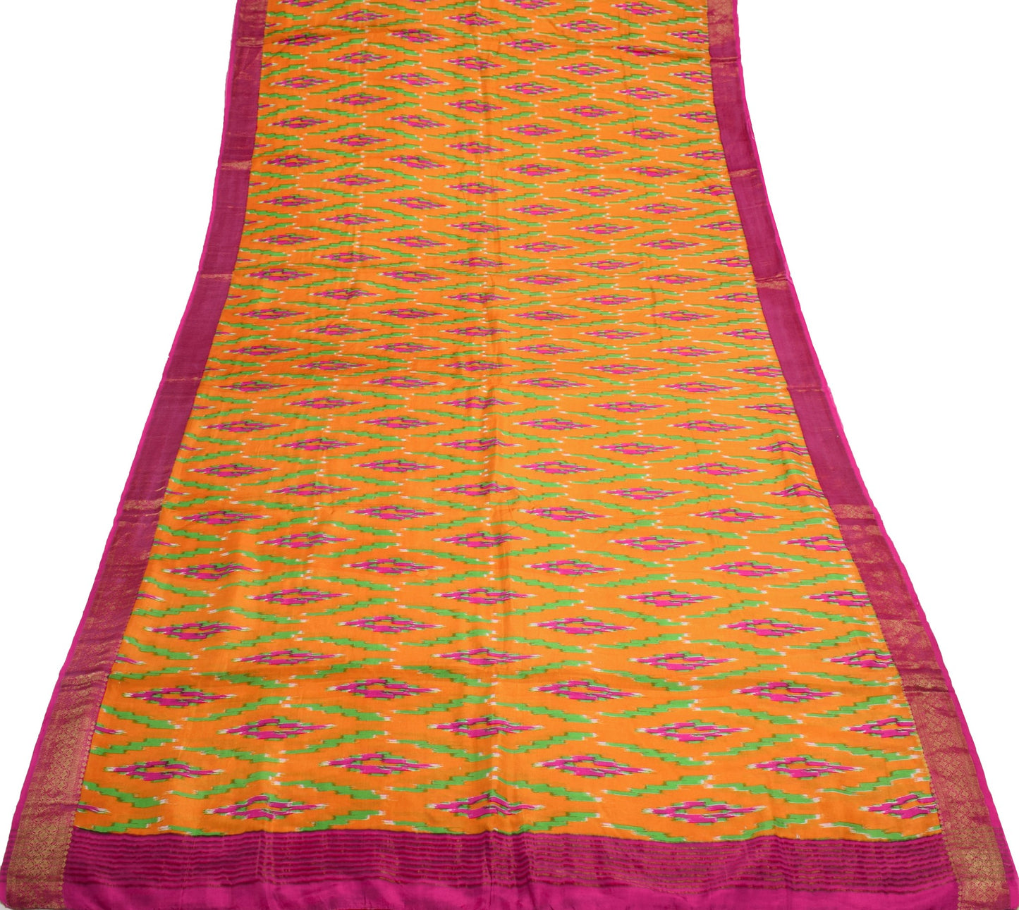 Sushila Vintage Orange Saree  Pure Silk Ikat Print Woven Border Soft Sari Fabric