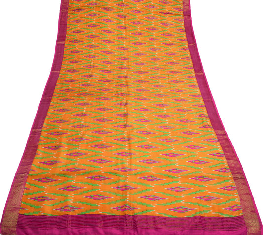 Sushila Vintage Orange Saree  Pure Silk Ikat Print Woven Border Soft Sari Fabric