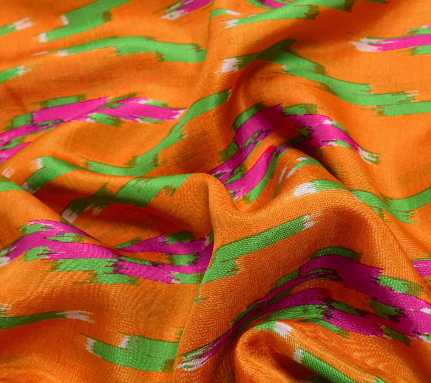Sushila Vintage Orange Saree  Pure Silk Ikat Print Woven Border Soft Sari Fabric