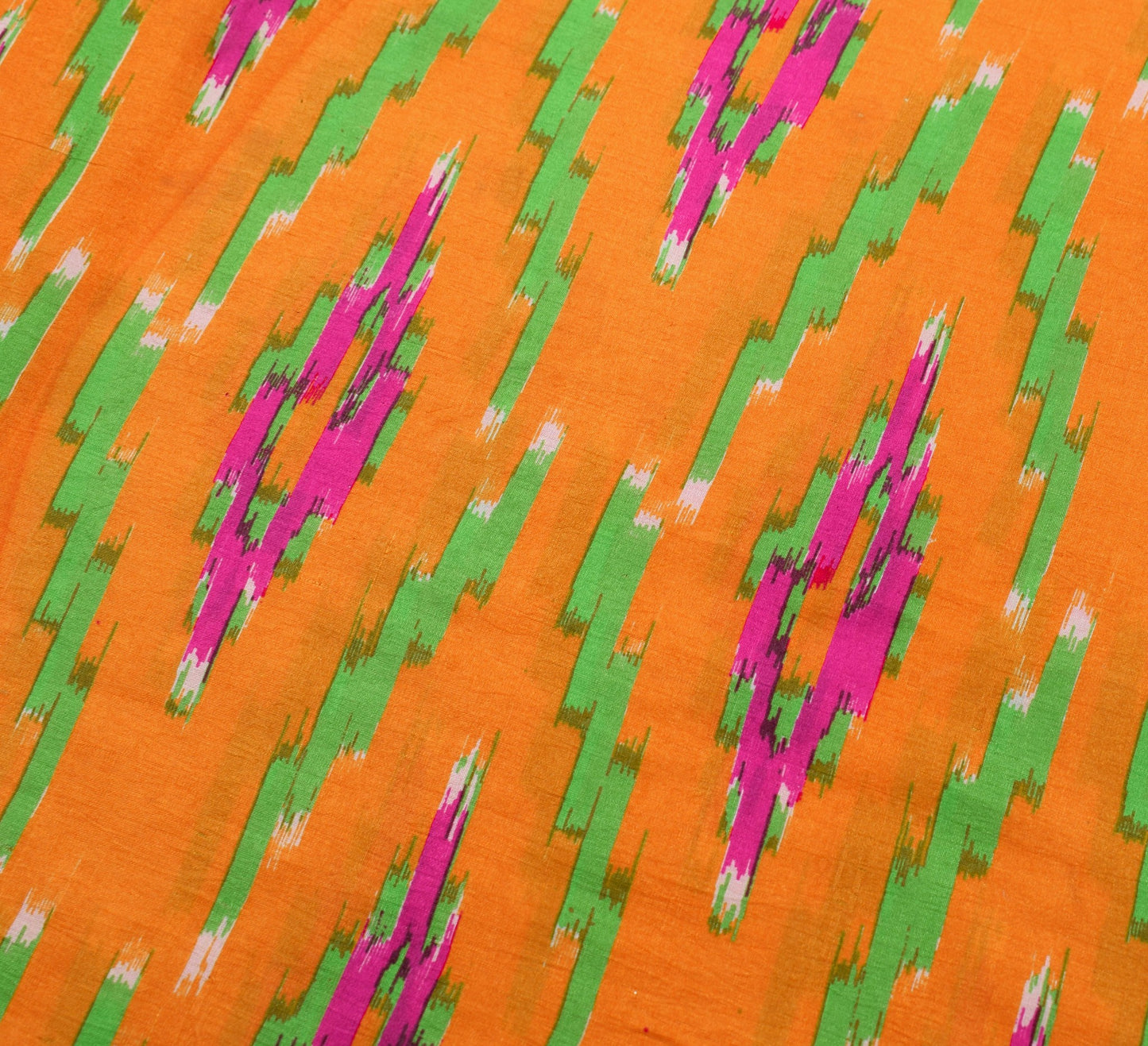 Sushila Vintage Orange Saree  Pure Silk Ikat Print Woven Border Soft Sari Fabric
