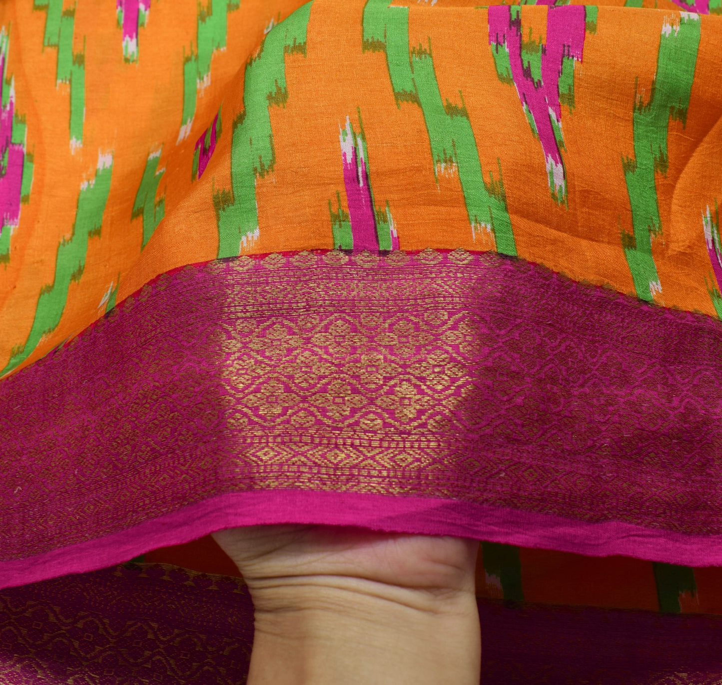 Sushila Vintage Orange Saree  Pure Silk Ikat Print Woven Border Soft Sari Fabric