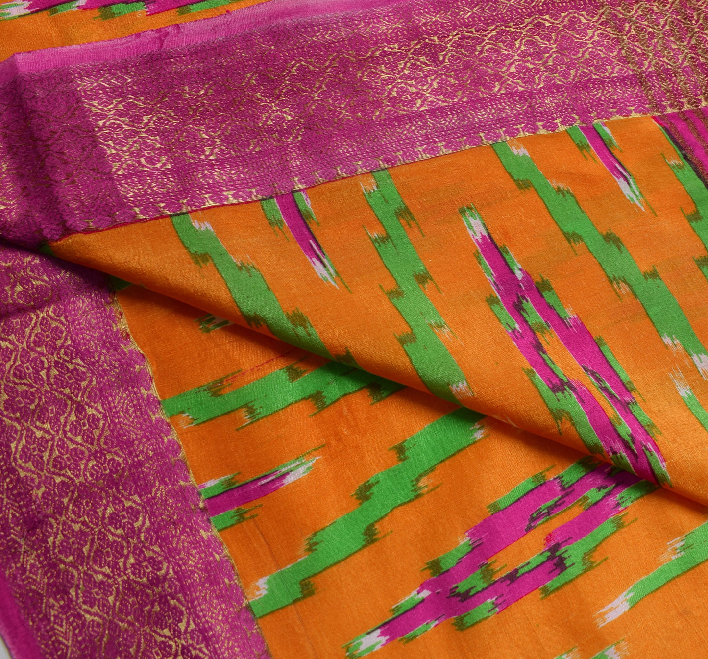Sushila Vintage Orange Saree  Pure Silk Ikat Print Woven Border Soft Sari Fabric
